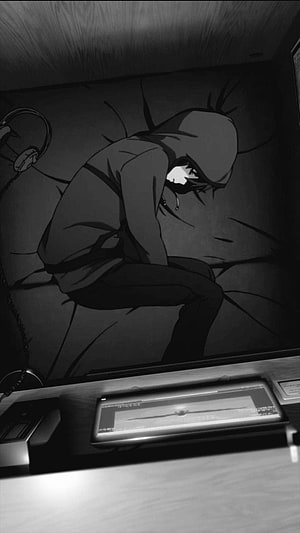 Monochrome Anime Character in Hoodie Sitting in Dark Room with Headphones HD phone wallpaper