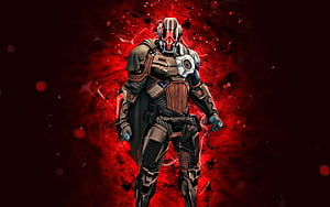 The Foundation Fortnite Character in Dark Armor with Red Energy Background HD wallpaper