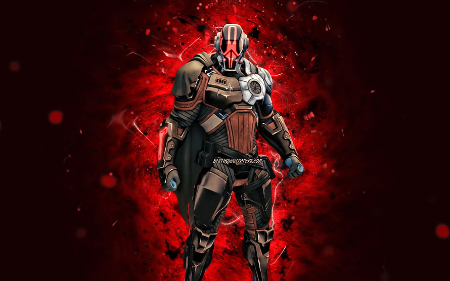 The Foundation Fortnite Character in Dark Armor with Red Energy Background HD wallpaper