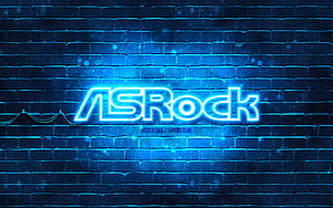 ASRock Neon Blue Logo on Dark Brick Wall with Glowing Light Effect HD wallpaper
