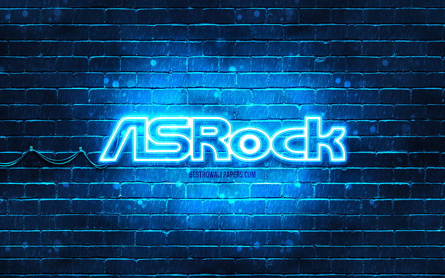 ASRock Neon Blue Logo on Dark Brick Wall with Glowing Light Effect HD wallpaper