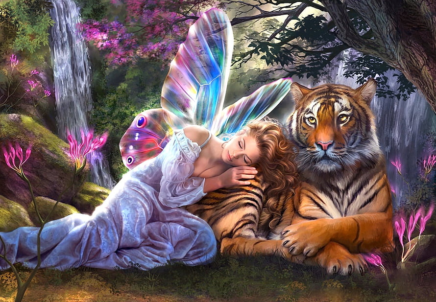 Fairy with iridescent wings resting peacefully beside a tiger in a lush enchanted forest with waterfall HD wallpaper