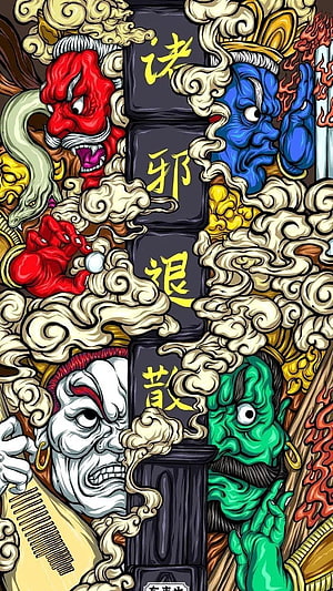 Japanese Folklore Demon Masks and Calligraphy Scroll Illustration HD phone wallpaper