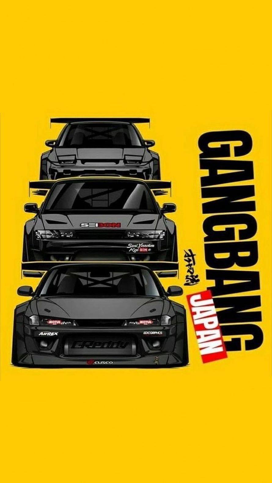 Gang Japan Street Racing Cars Illustration with Black JDM Drift Vehicles on Yellow Background HD phone wallpaper