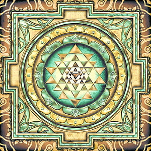 Sri Yantra Sacred Geometry Mandala with Ornate Gold and Green Decorative Frame HD phone wallpaper