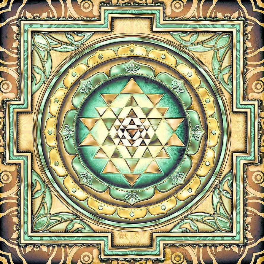 Sri Yantra Sacred Geometry Mandala with Ornate Gold and Green Decorative Frame HD phone wallpaper