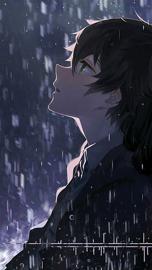 Melancholic Anime Boy Profile in Rainy Night Cityscape HD phone wallpaper
