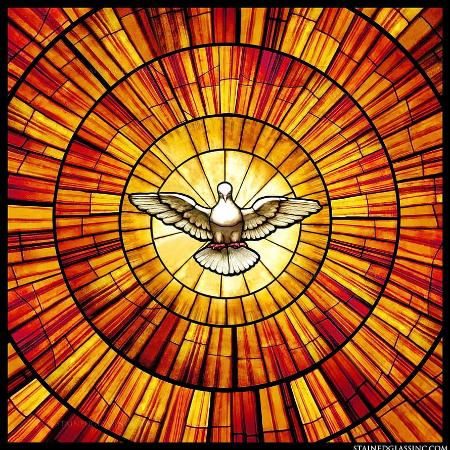Catholic Stained Glass Dove with Radiant Sunburst Pattern in Warm Amber Tones HD phone wallpaper