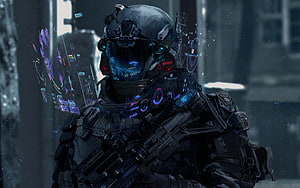 Futuristic Cyber Soldier with Holographic HUD Interface in Dark Tactical Armor HD wallpaper