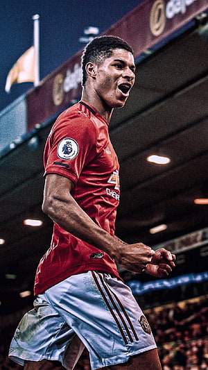 Marcus Rashford in Manchester United Home Kit Celebrating on the Pitch HD phone wallpaper