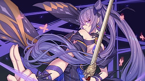 Keqing from Genshin Impact wielding a sword with flowing purple hair and butterfly motifs HD wallpaper