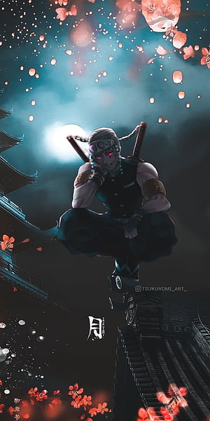 Tengen Uzui from Demon Slayer Perched on a Rooftop Under a Full Moon with Falling Cherry Blossoms HD phone wallpaper