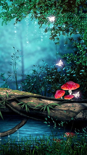 Enchanted Forest Scene with Glowing Butterflies and Red Mushrooms HD phone wallpaper