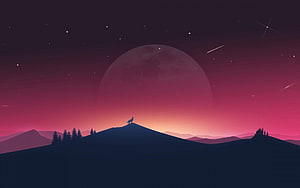Lone Wolf Silhouette on Mountain Peak Under Giant Moon and Starry Night Sky HD wallpaper