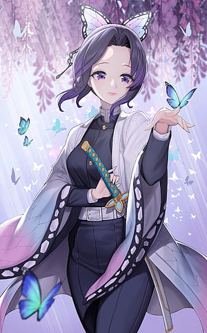 Kochou Shinobu from Demon Slayer in Butterfly Haori with Wisteria and Blue Butterflies HD phone wallpaper