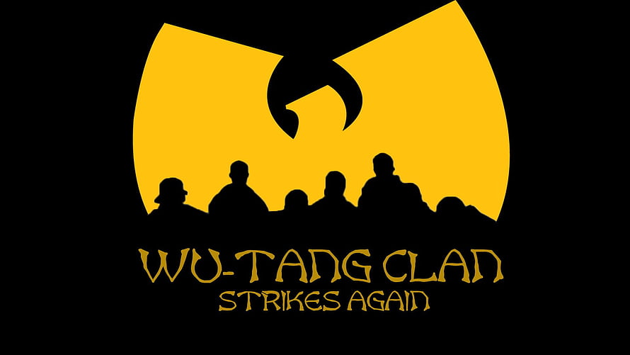 Wu-Tang Clan Strikes Again Logo with Silhouetted Members and Golden Symbol HD wallpaper