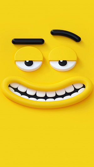 3D Claymation Smirk Emoji Face with Half-Closed Eyes and Wide Grin on Yellow Background HD phone wallpaper