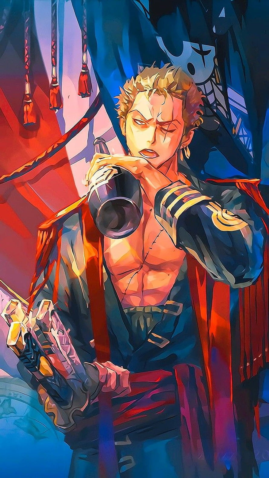 Roronoa Zoro Drinking from a Bottle in a Stylized One Piece Anime Illustration HD phone wallpaper