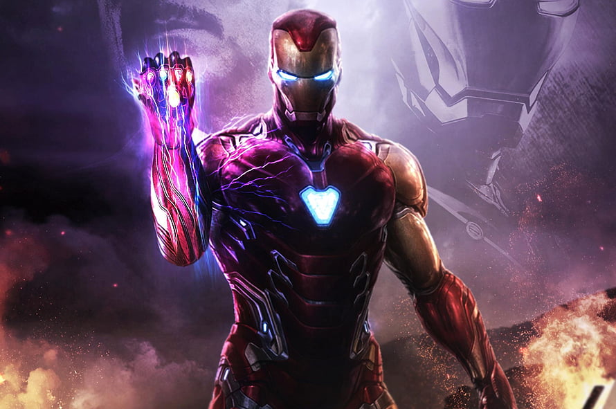 Iron Man in Battle Armor with Glowing Infinity Stones on Hand Amidst Explosive Battlefield HD wallpaper
