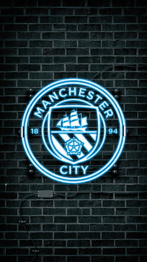 Manchester City Neon Logo on Dark Brick Wall HD phone wallpaper