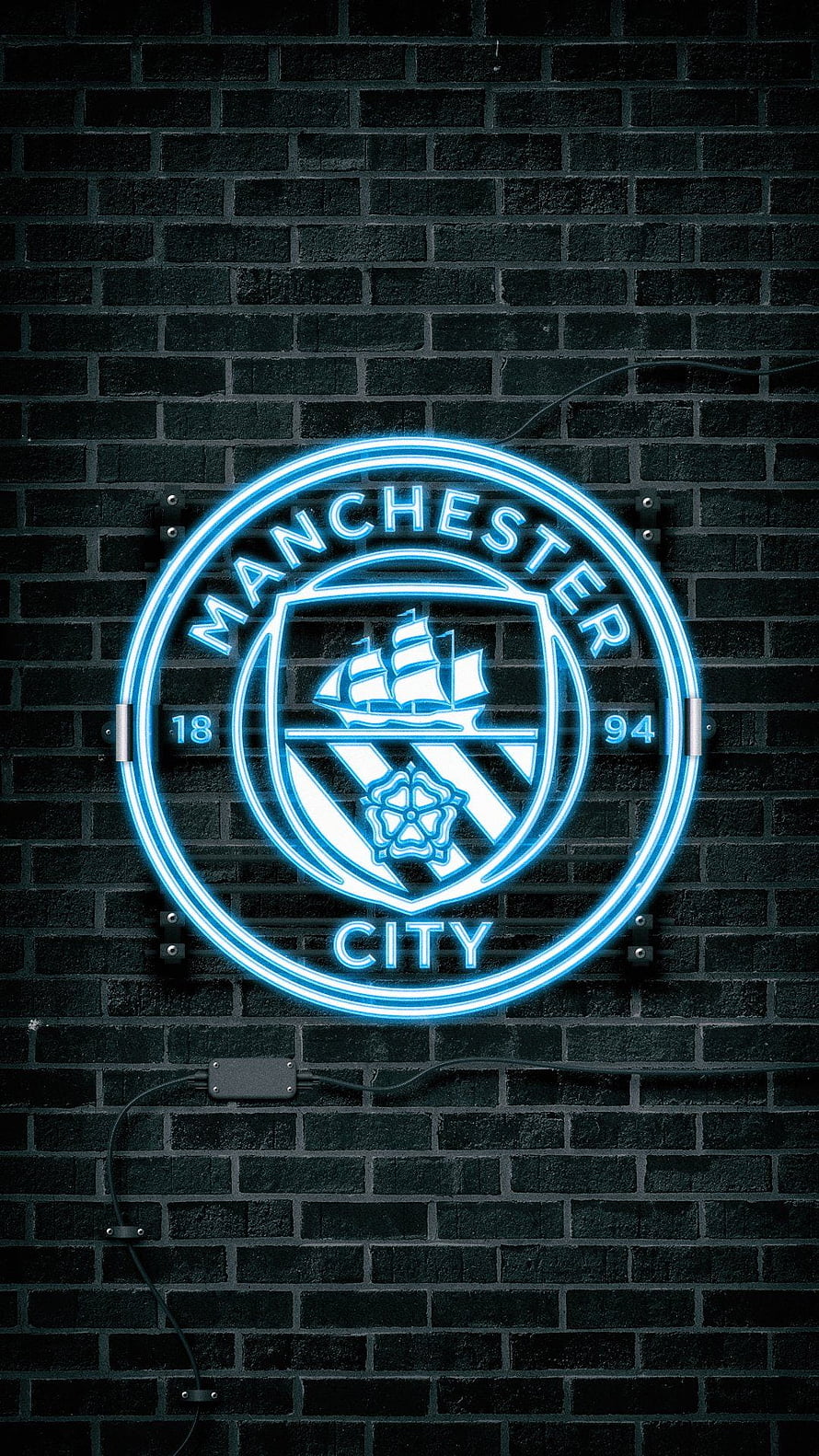 Manchester City Neon Logo on Dark Brick Wall HD phone wallpaper
