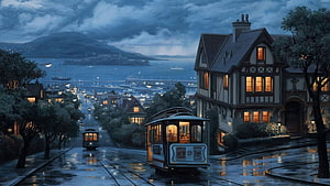 Moody Digital Painting of a Vintage Cable Car on a Rainy Hillside Street at Dusk HD wallpaper