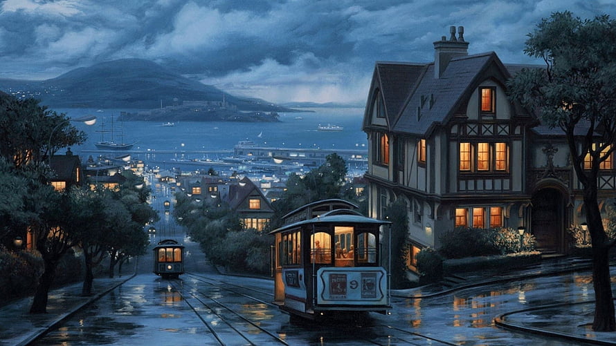 Moody Digital Painting of a Vintage Cable Car on a Rainy Hillside Street at Dusk HD wallpaper