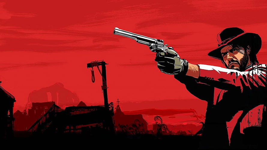Red Dead Redemption 2 Western Gunslinger Artwork with Revolver and Red Sky HD wallpaper