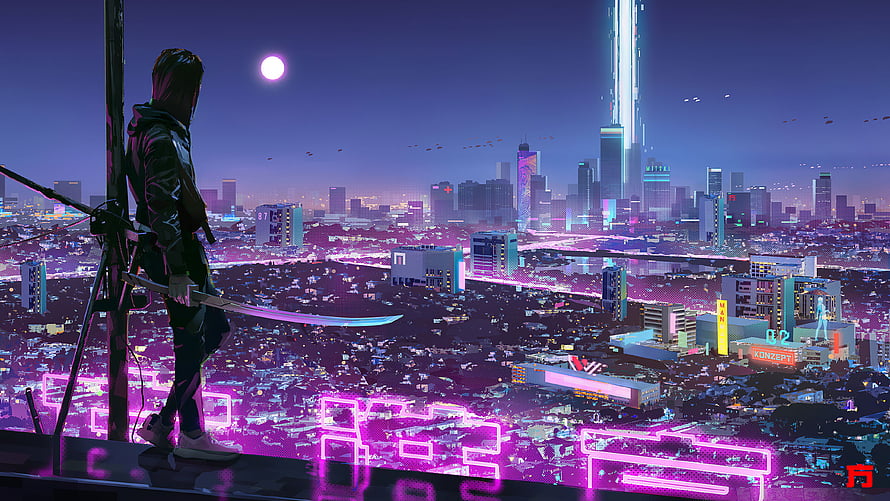 Cyberpunk Cityscape with Samurai Figure and Neon Skyline at Night HD wallpaper