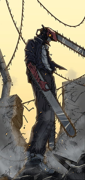 Chainsaw Man Denji Standing on Ruined Concrete with Chainsaw Head and Arms, Chainsawman, chainsaw, summerwatermelon, denji HD phone wallpaper