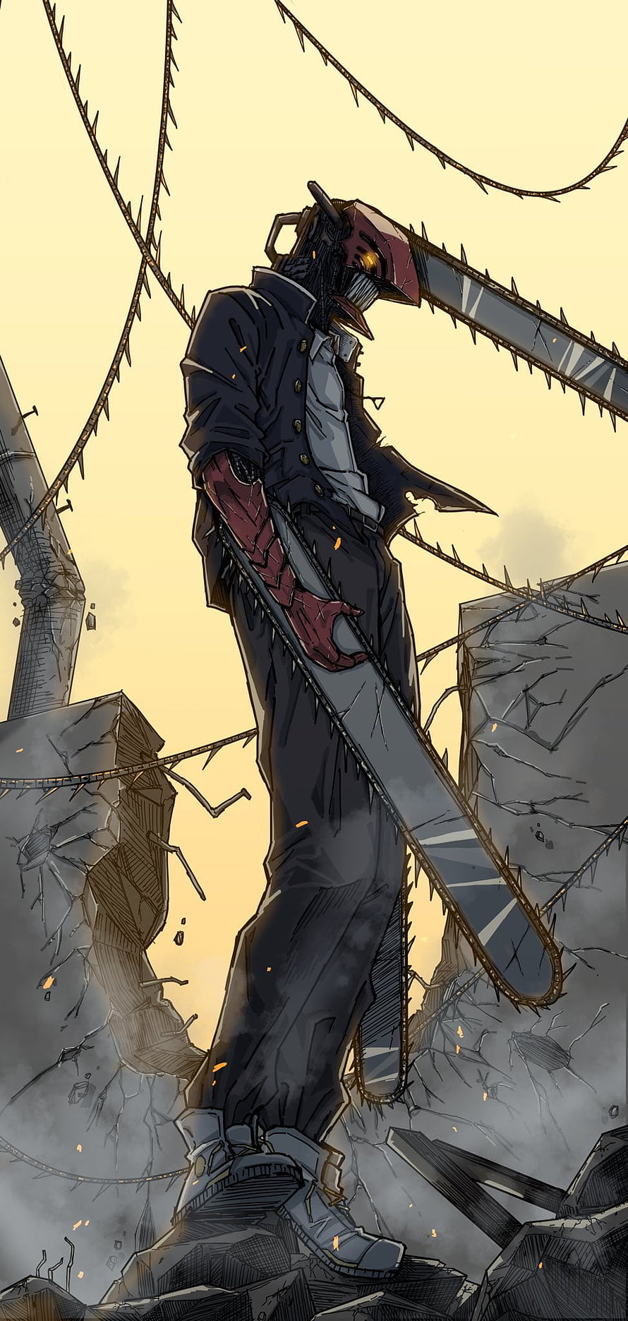 Chainsaw Man Denji Standing on Ruined Concrete with Chainsaw Head and Arms HD phone wallpaper
