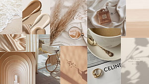 Beige Aesthetic Collage Featuring Celine Accessories, Coffee, and Soft Textures HD wallpaper
