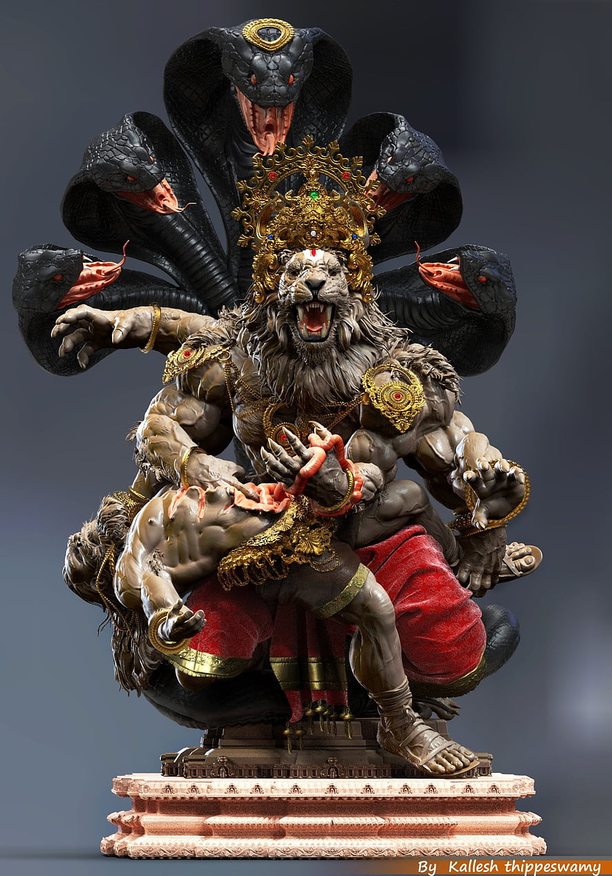 Narasimha Lion God Statue with Cobra Crown and Red Dhoti HD phone wallpaper