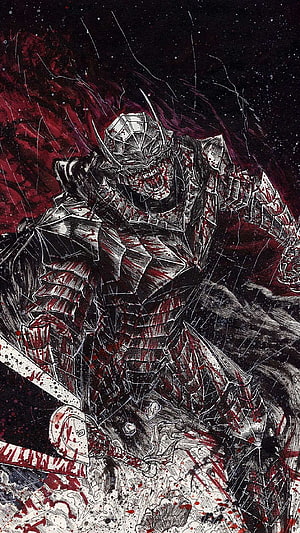Berserk Guts in Full Armor with Blood Splatter and Dark Fantasy Illustration HD phone wallpaper