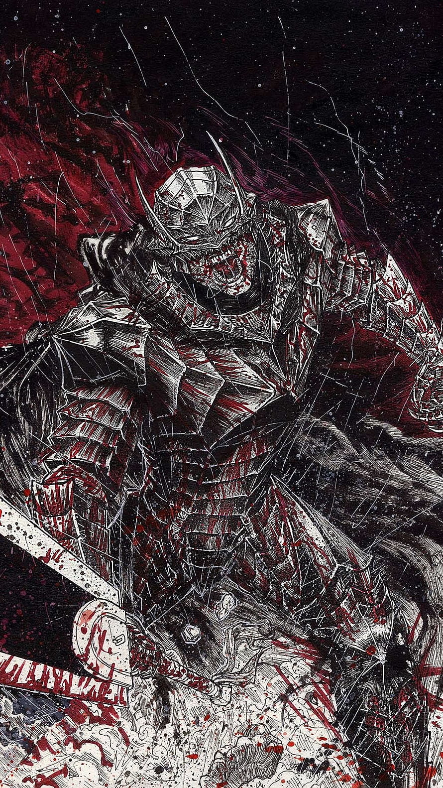Berserk Guts in Full Armor with Blood Splatter and Dark Fantasy Illustration HD phone wallpaper