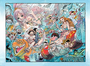 One Piece Color Spread Featuring Luffy, Nami, and Franky in Vibrant Underwater Scene HD wallpaper