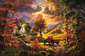 Autumn Chapel Scene With Vintage Trucks And Dramatic Golden Sky HD wallpaper