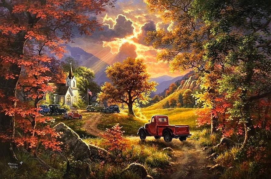 Autumn Chapel Scene With Vintage Trucks And Dramatic Golden Sky HD wallpaper
