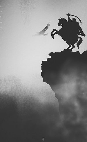 Monochrome Silhouette of Imam Ali on Horseback with Scimitar and Eagle HD phone wallpaper