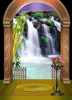 Ornate Arch Framing Bamboo, Waterfall, and Pink Roses in a Serene Garden Scene HD phone wallpaper