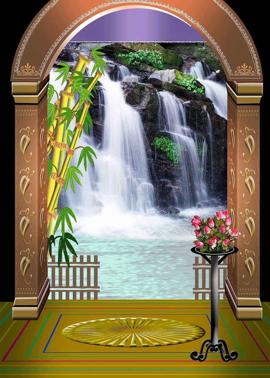 Ornate Arch Framing Bamboo, Waterfall, and Pink Roses in a Serene Garden Scene HD phone wallpaper