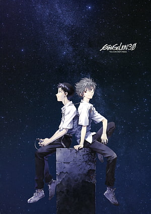 Neon Genesis Evangelion 3.0 Anime Artwork of Two Boys Sitting Back to Back Under a Starry Night Sky HD phone wallpaper