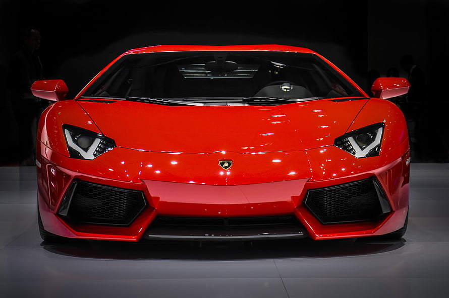 Red Lamborghini Aventador Front View at Auto Show HD wallpaper