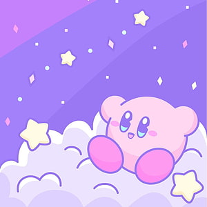 Cute Kirby Lying on a Cloud with Stars in a Purple Sky HD phone wallpaper