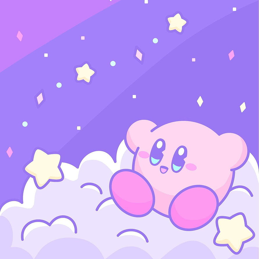 Cute Kirby Lying on a Cloud with Stars in a Purple Sky HD phone wallpaper