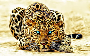 Stylized Leopard Portrait With Glowing Blue Eyes And Golden Spotted Fur HD wallpaper