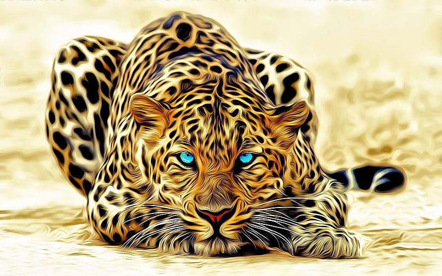 Stylized Leopard Portrait With Glowing Blue Eyes And Golden Spotted Fur HD wallpaper