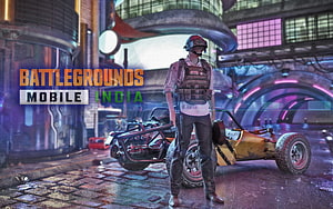 Battlegrounds Mobile India Soldier with Rifle and Off-Road Vehicle in Neon-Lit Industrial Setting HD wallpaper