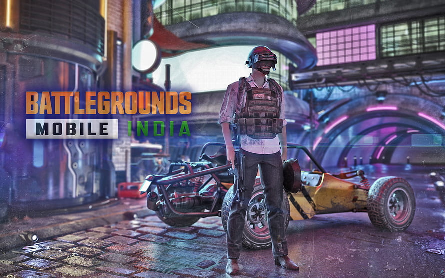 Battlegrounds Mobile India Soldier with Rifle and Off-Road Vehicle in Neon-Lit Industrial Setting HD wallpaper