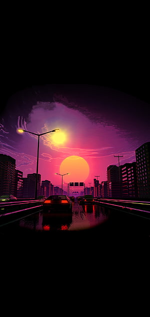 Cyberpunk City Highway at Dusk with Neon Sunset and Retro Cars HD phone wallpaper
